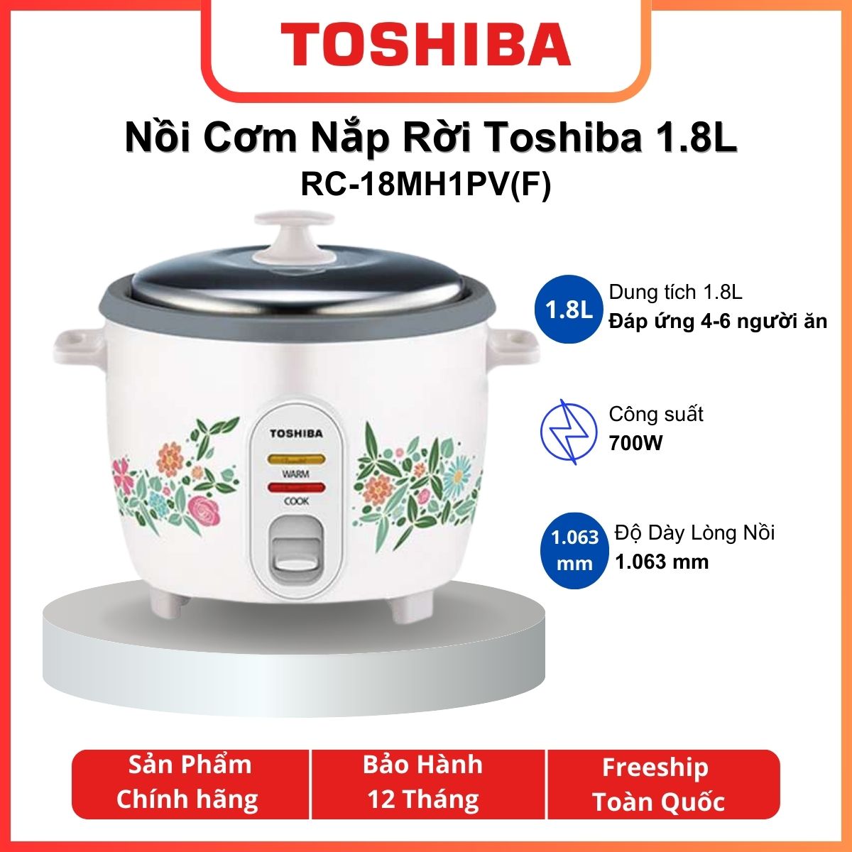Nồi cơm điện Toshiba RC-18MH1PV(F) - Nắp rời - 1.8 lít - Lòng nồi hợp kim nhôm phủ chống dính - Hàng chính hãng - Bảo hành 12 tháng