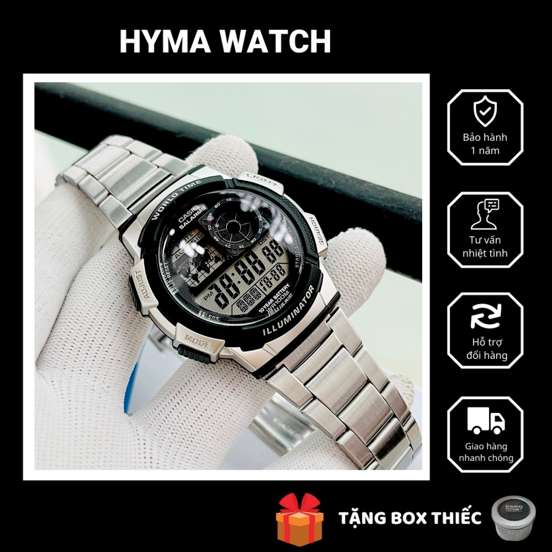 Đồng hồ nam điện tử dây thép Casio AE 1000-1AV chống nước 10ATM pin 10 năm Bảo hành 1 năm Hyma watch
