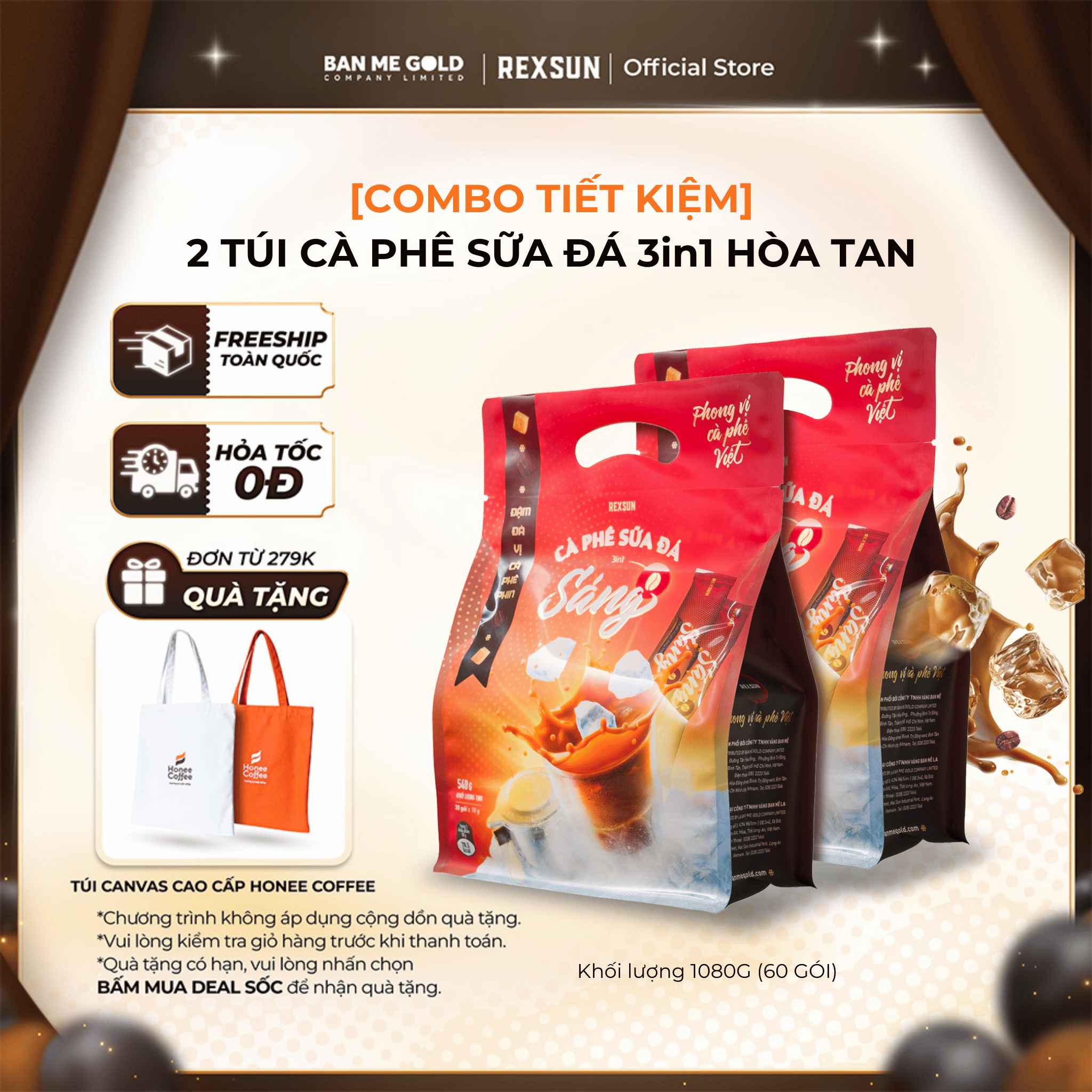 COMBO TIẾT KIỆM 2 Túi Cà Phê Sữa Đá Hòa Tan Truyền Thống - Cafe Sữa Đá Hòa Tan Túi Tiện Lợi Ban Me Gold - Rexsun