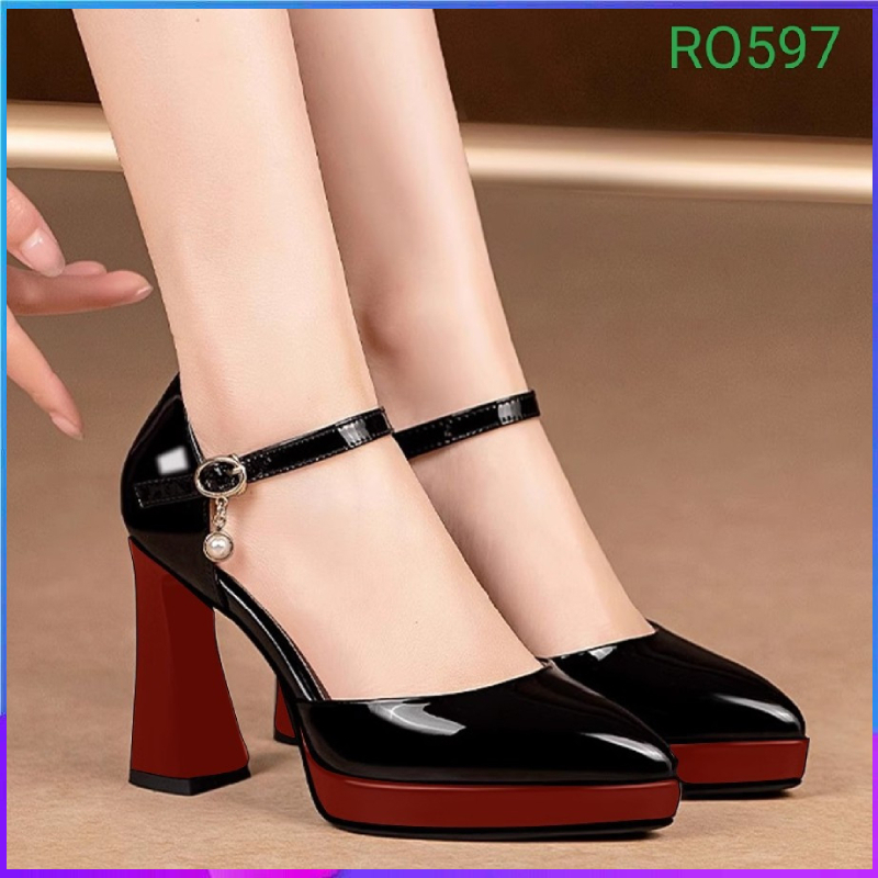 Giày sandal nữ cao gót 8cm hàng hiệu rosata hai màu đỏ nâu cao cấp ro597