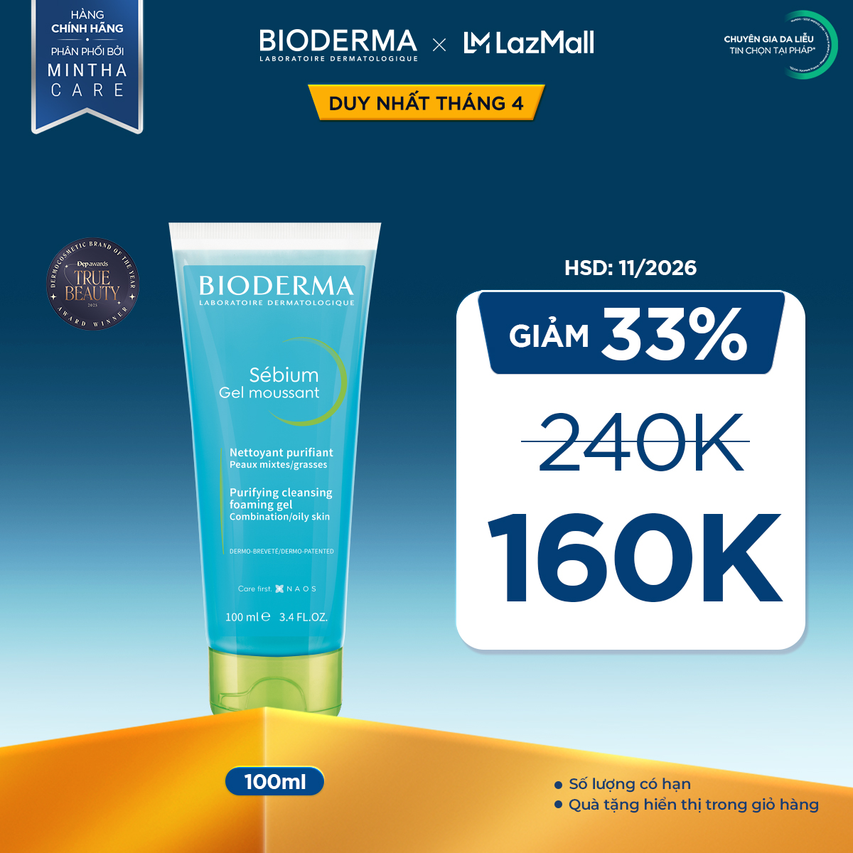 Gel rửa mặt tạo bọt cho da hỗn hợp và da dầu Bioderma Sebium Gel Moussant - 100ml