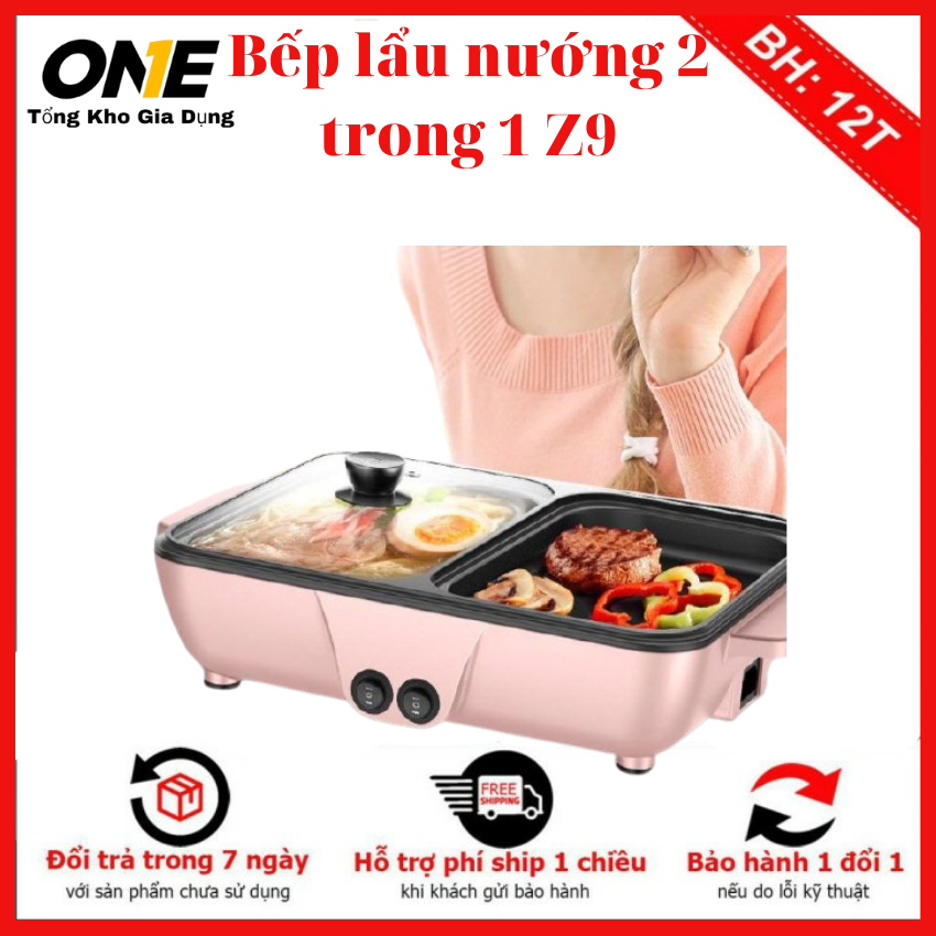 Bếp lẩu nướng 2 trong 1 Z9 -Nồi lẩu nướng điện đa năng, Bếp lẩu nướng điện BBQ 2 trong 1 không khói vừa nấu lẩu vừa nướng thực phẩm công suất 1400W