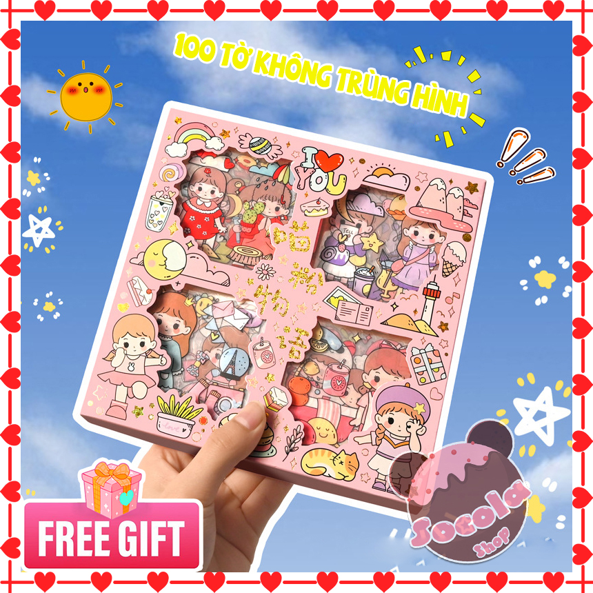 [NEW]Hộp 100 TỜ stickers(hình dán) PET mẫu ♥️IloveU♥️ mới siêu cute, không trùng hình