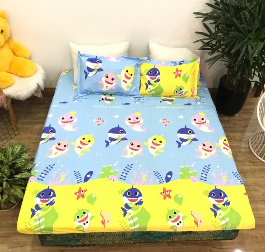 Bộ Chăn Ga Gối , Baby Shark , Chất Liệu Bền Đẹp, Không Phai, Không Xù, Mẫu Mã Kích Cỡ Đa Dạng