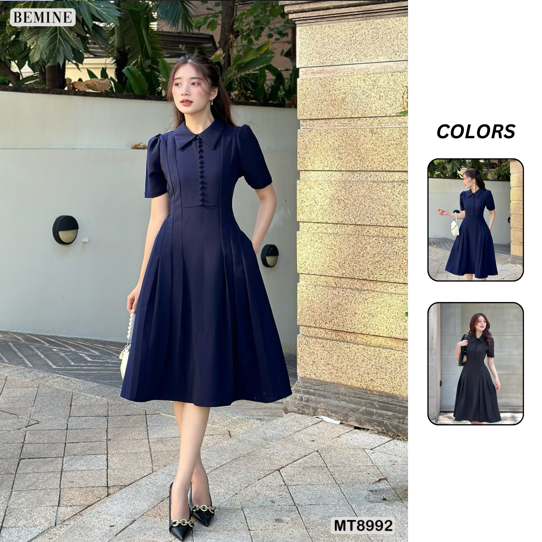 Đầm thiết kế cổ sen đính nút dáng xếp ly bemine mt8992