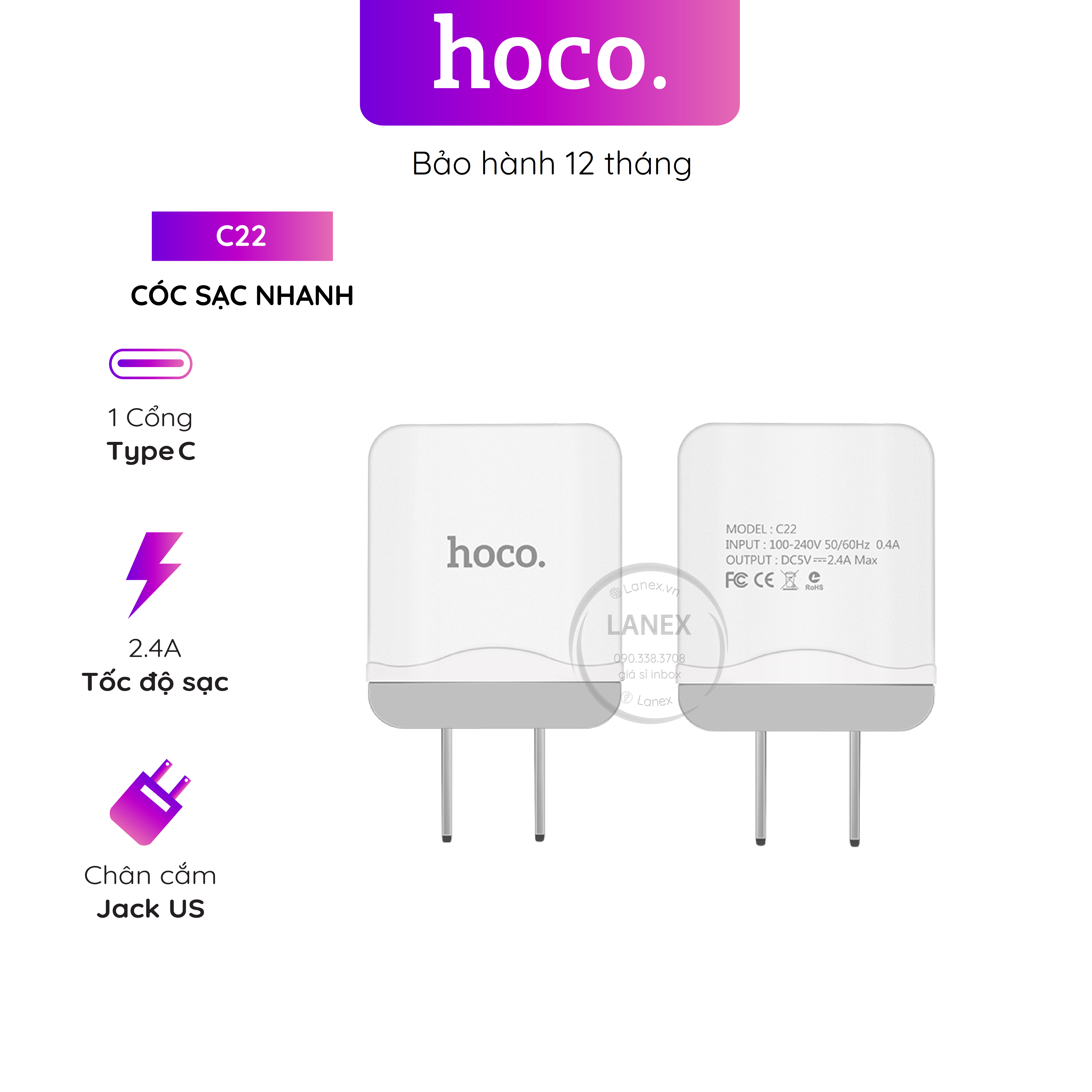 Cóc Sạc Nhanh Hoco C22 1 Cổng Usb 2.4a