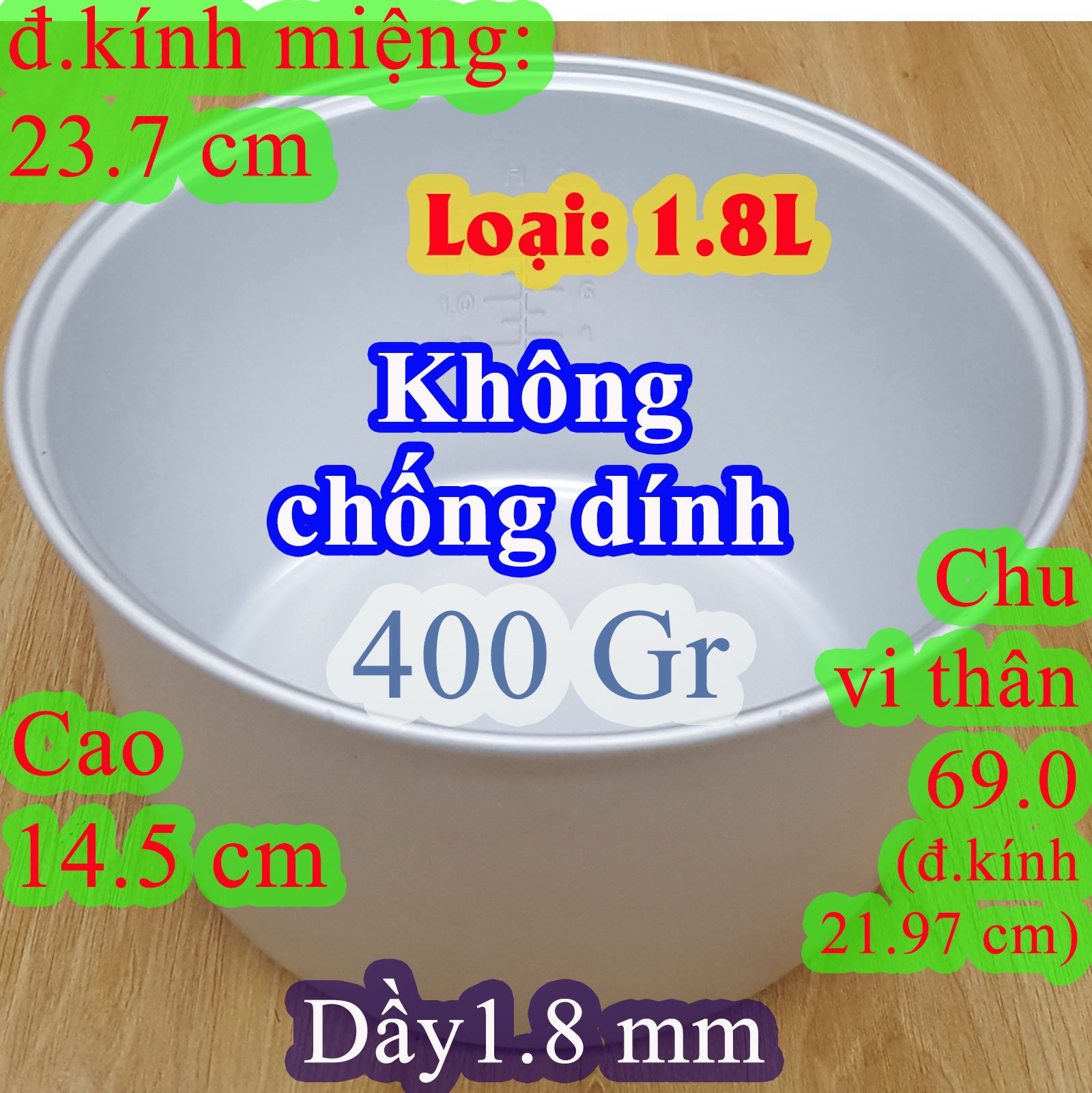 Ruột nồi cơm điện 1.8 l không chống dính, nặng 400 gr