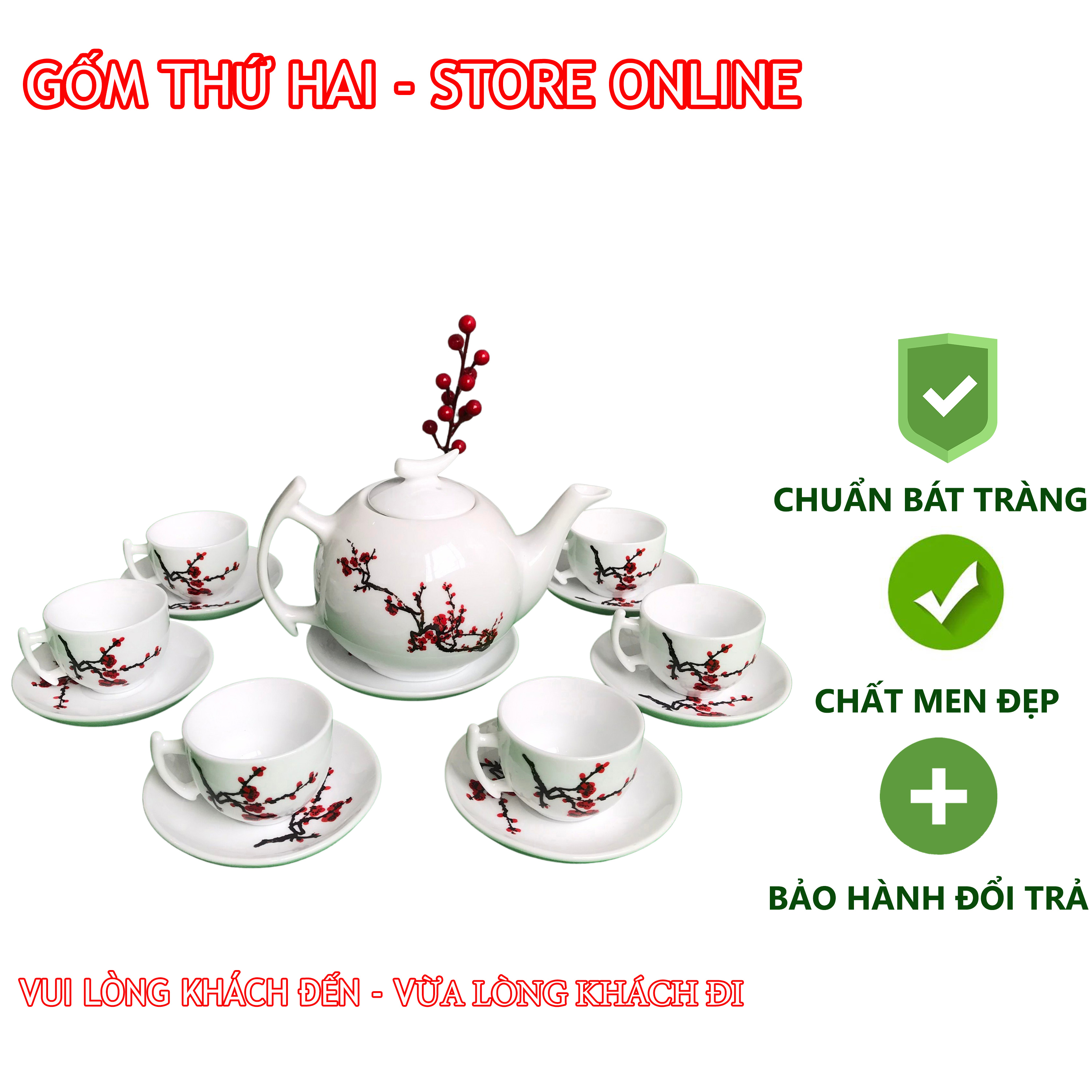 Bộ ấm chén uống trà, bộ ấm chén bát tràng men mát hoa đào đỏ