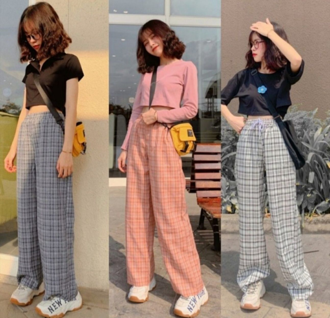 Quần ống rộng nữ lưng cao họa tiết kẻ sọc caro kiểu dáng thời trang,quần dài kẻ karo nữ