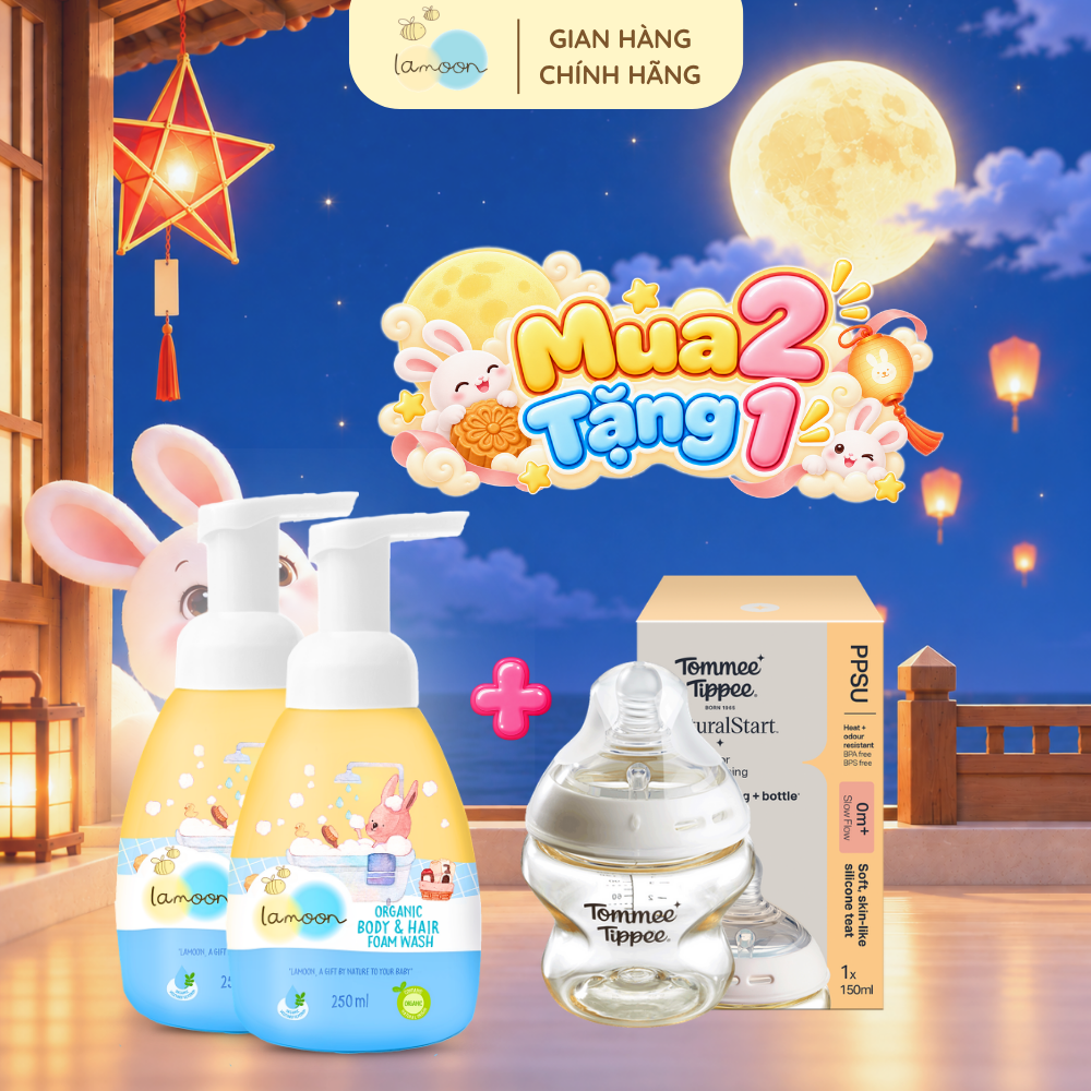 [MUA 2 TẶNG 1] Bình Sữa Tắm Gội Organic Dạng Bọt Lamoon 250ml TẶNG 1 Bình Sữa PPSU Ty Siêu Mềm Tommee Tippee 150ml