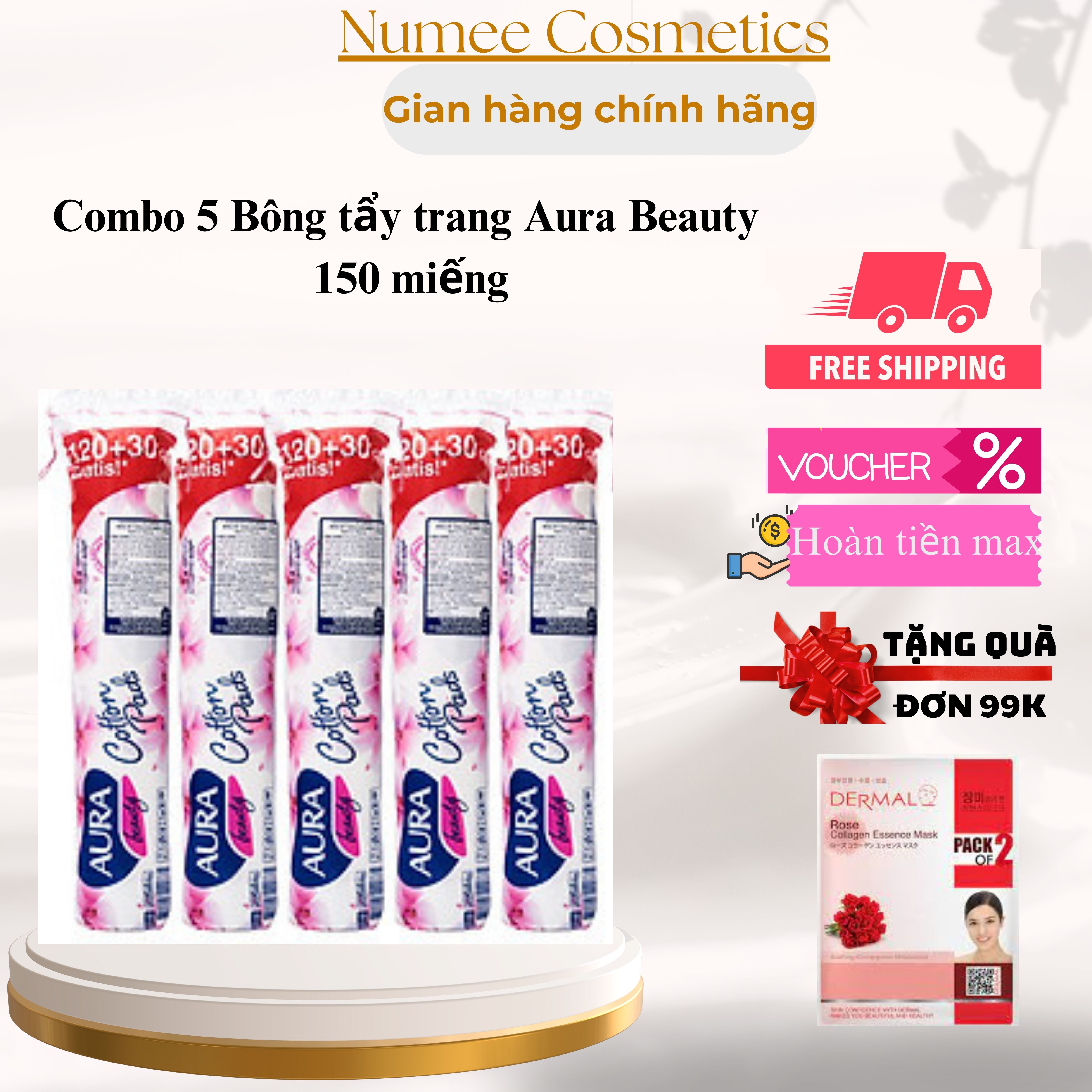 COMBO5 Bông tẩy trang Aura Beauty 120+30