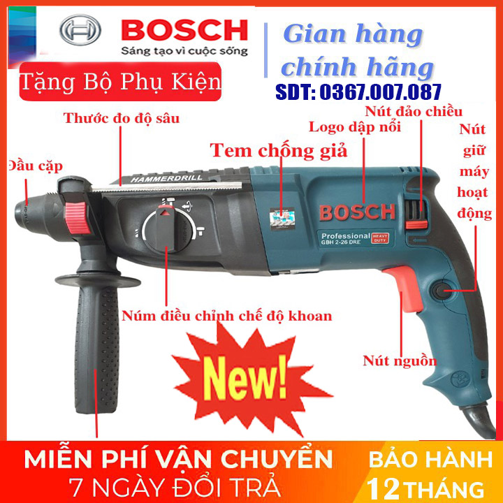 Máy khoan búa bosh gbh 2-26 dr chính hãng công suất lớn 800w - máy khoan bê tông - máy khoan cầm tay - bảo hành 12 tháng