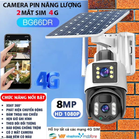 Camera 2 ống Kính Sim 4G Pin Năng Lượng Mặt Trời Độ phân giải 8.0MP Đàm Thoại Hai Chiều Xem Đêm Có Màu Phát Hiện Chuyển Động Chống Trộm Bảo Hành 12 Tháng