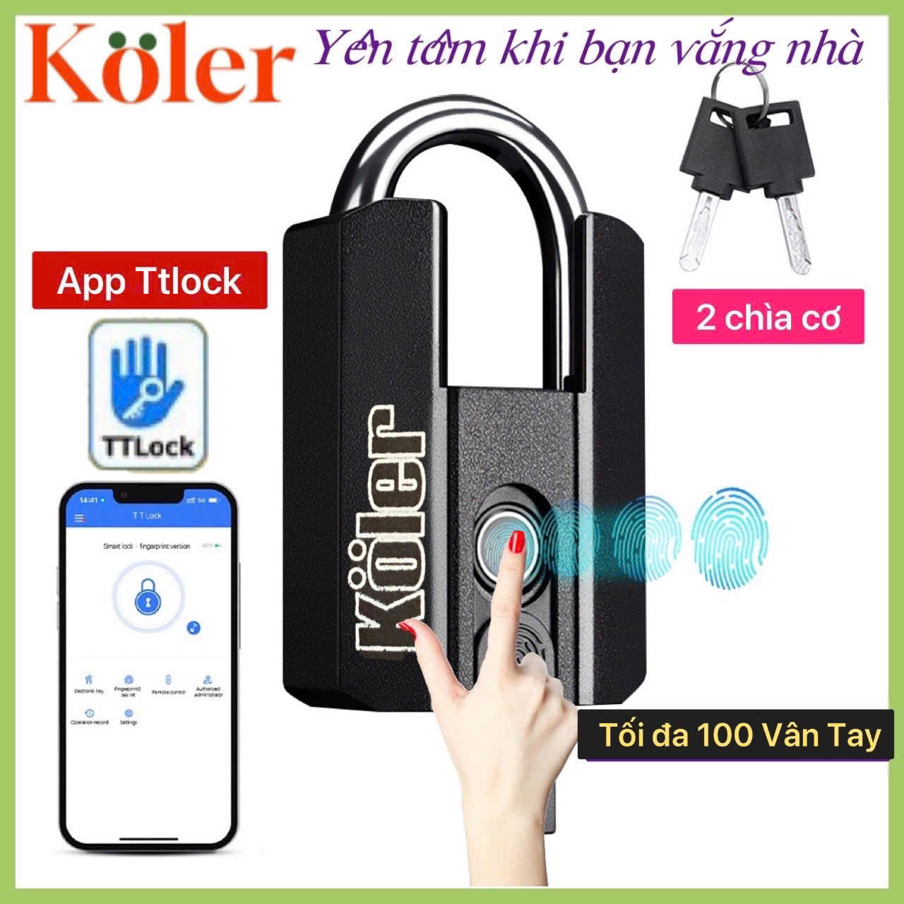 Khóa Bấm Vân Tay. Khóa Hiệu KOLER. Mở Khóa bằng App, Vân Tay và Chìa Cơ.