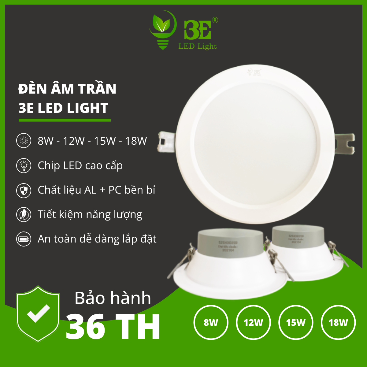 Đèn led âm trần nhôm 3e led light 8w 12w 15w 18w tròn ánh sáng trắng 6500k