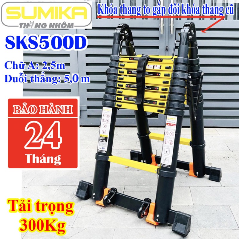 Thang chữ a sumika, thang nhôm rút đôi xếp gọn sumika chữ a: 2.5m - chữ i: 5.0m sks500d new sơn tĩnh điện - tải trọng 300kg - bh 24 tháng
