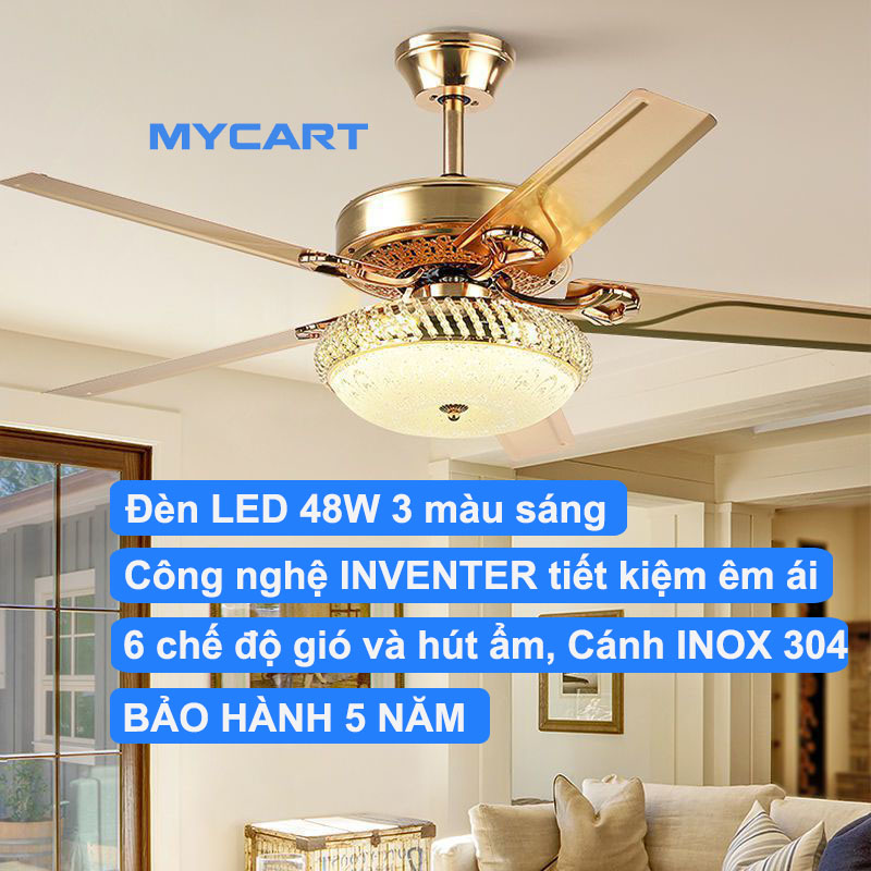 Quạt trần kiêm đèn trang trí italiia công nghệ inventer êm ái tiết kiệm điện 6 chế độ gió kiêm hút ẩm, led 48w 3 chế độ bảo hành 5 năm