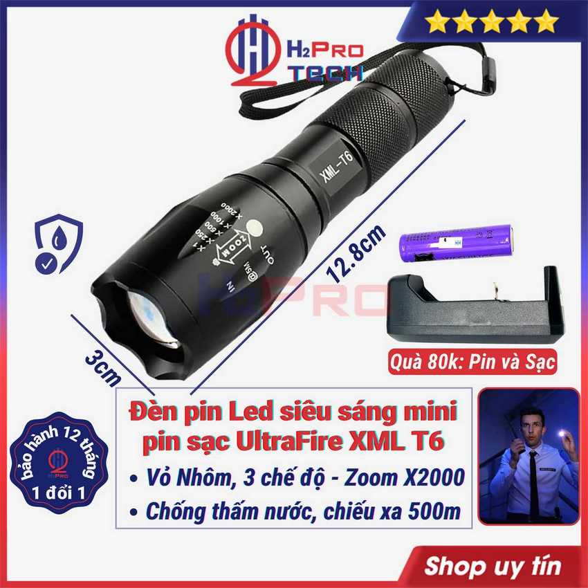 Đèn pin led siêu sáng mini pin sạc ultrafire xml-t6 zoom x2000, đèn xml t6 cầm tay chống nước, led trắng - h2pro tech