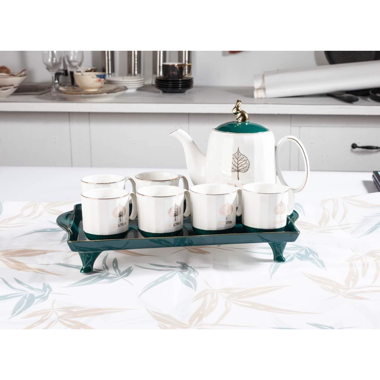 BỘ ẤM CHÉN KÈM KHAY SỨ PHA TRÀ TRẮNG LÁ VÀNG KẾT HỢP MÀU XANH CỔ VỊT HIỆN ĐẠI SANG TRỌNG