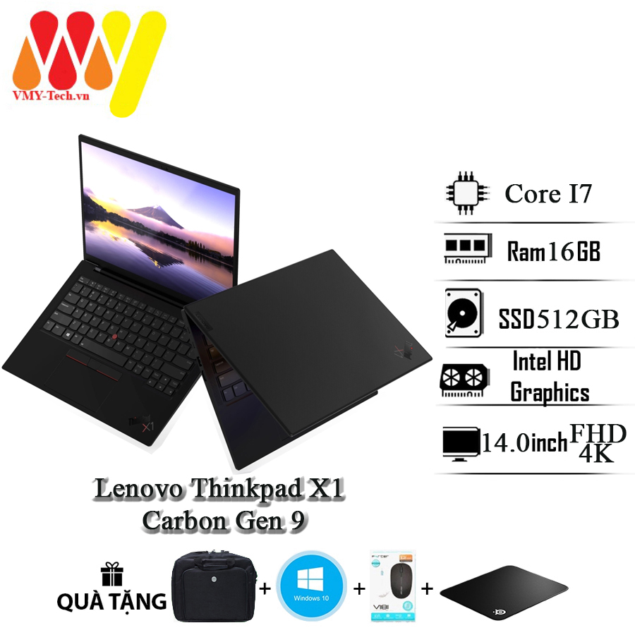 Laptop Lenovo ThinkPad X1 Carbon Gen 9, Core i7, Ram 16GB, SSD 512GB, 14inch 4K, tặng chuột không dây, tấm lót chuột, cặp laptop, vệ sinh máy trọn đời