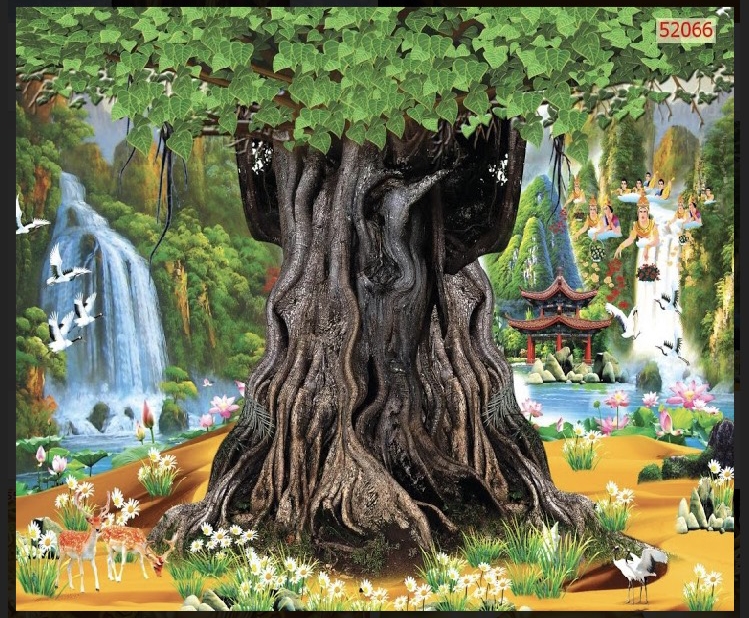 tranh dán tường 3D, tranh Cây bồ đề dán tường in Vải Lụa