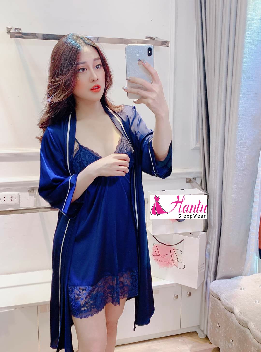 Set áo choàng ngủ kèm váy lụa 2 dây mặc nhà sang trọng