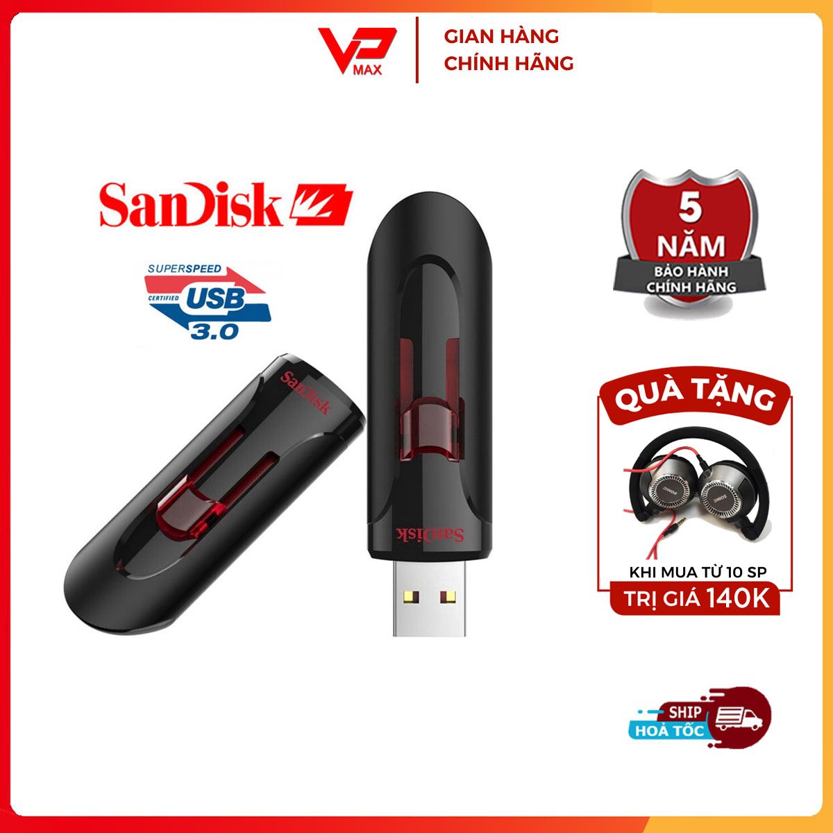 -usb 32gb 16gb 3.0 up to 100mb/s sandisk cruzer glide cz600 bh 5 năm - vpmax