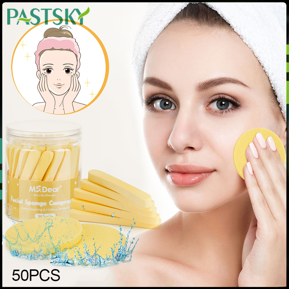 PASTSKY 50pcs Soft Facial Clean Sponges & Applicators Puff Cosmetic Puff for Foundation Make Up Facial Cleansing Sponge Wash Makeup Buffer Remover Facial Sponge
