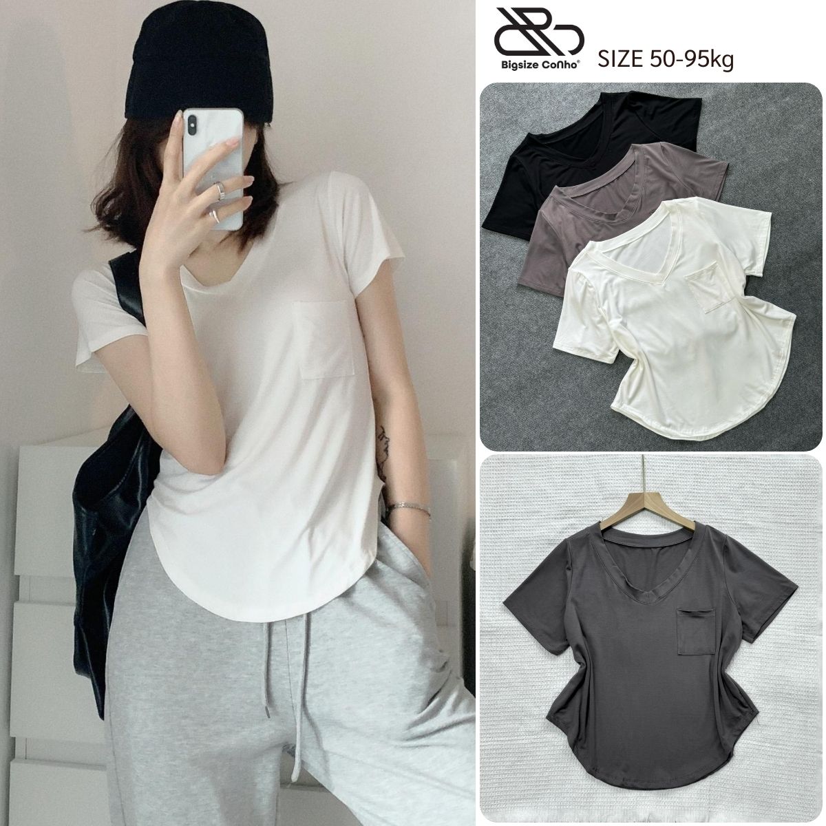 Áo thun Bigsize Nữ tay ngắn cổ tim vạt bầu có túi trước chất vải thun borip co giãn dành cho nàng mũm mĩm A51