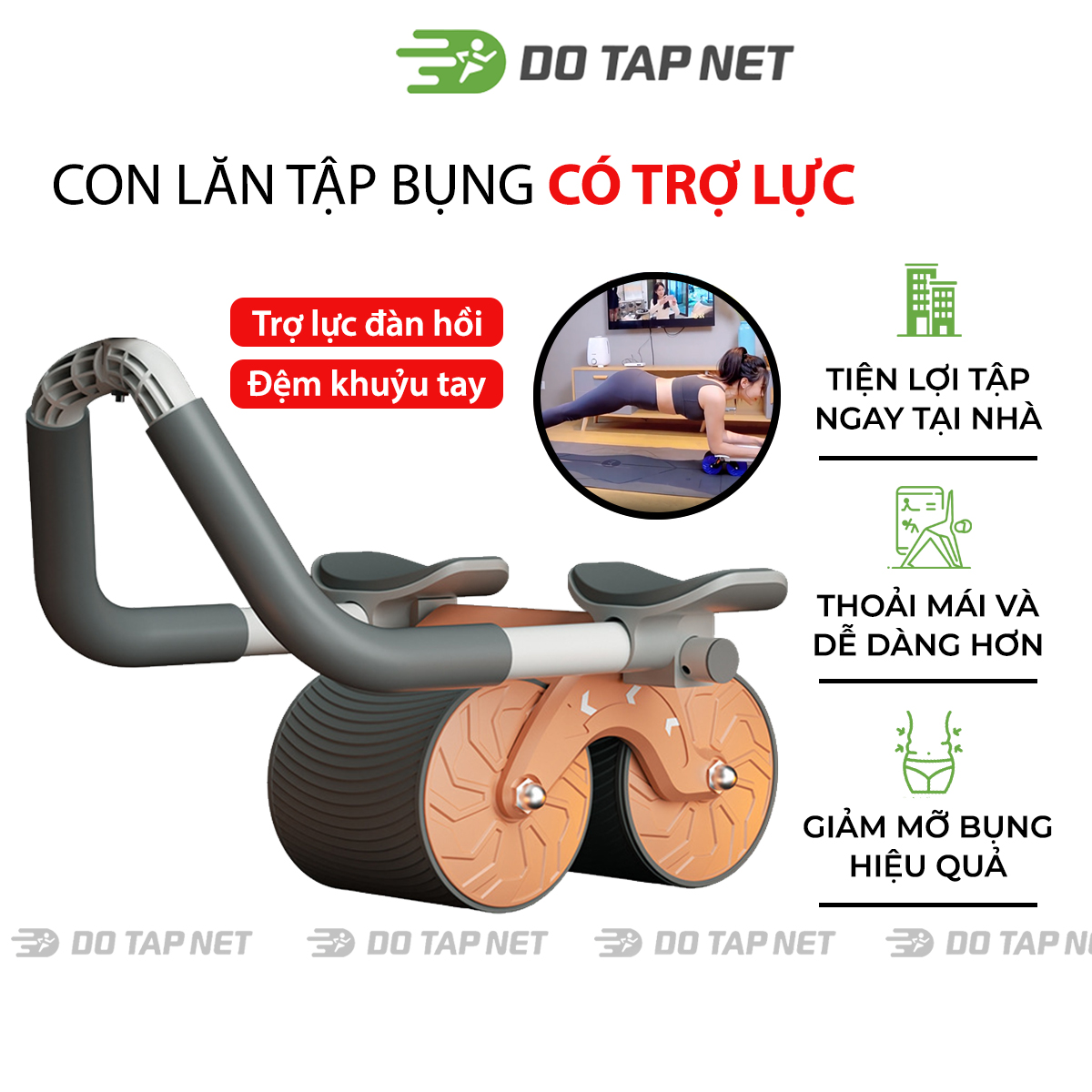 Con lăn tập bụng trợ lực với khung đệm tay êm và bánh xe tự động hồi phục thế hệ mới