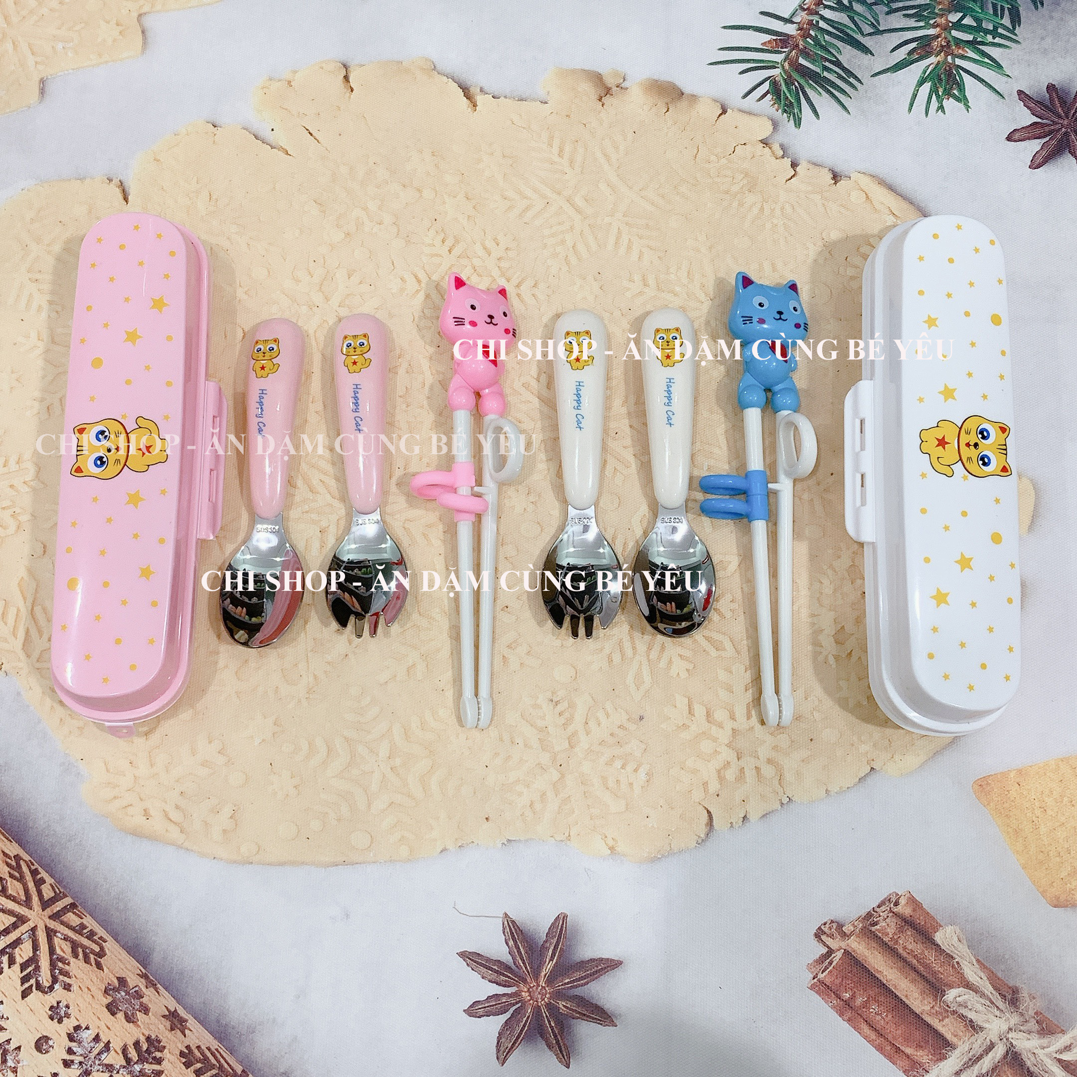 Bộ Thìa Dĩa Đũa inox Happy Cat tập ăn dặm cho bé