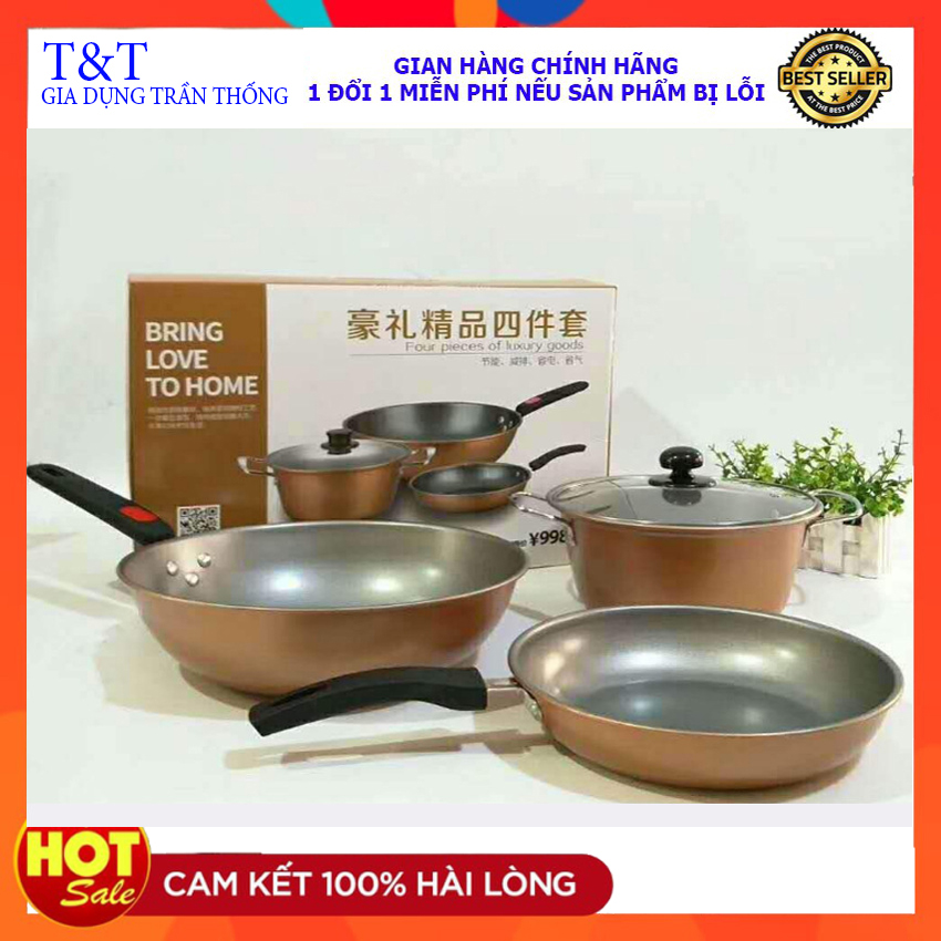Combo bộ 3 nồi chảo longziwei 1 nồi 2 chảo và chảo đúc chống dính vân đá hàn quốc sâu lòng size 26cm