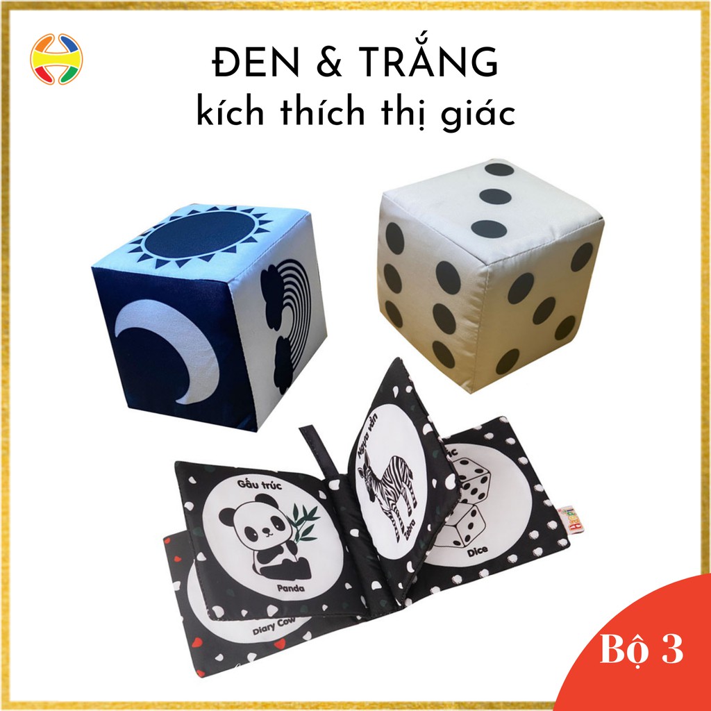 Bộ 2 khối xúc xắc vuông + 1 sách vải đen trắng, kích thích thị giác cho trẻ từ sơ sinh