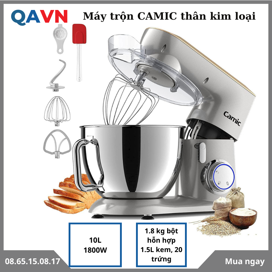 (Thương hiệu Anh, Đức) Máy  nhào bột CAMIC 9L 1800W SM-1571- thân kim loại cao cấp bền bỉ, động cơ nhập từ Thụy Điển - Đánh trứng, trộn bột, làm salad...