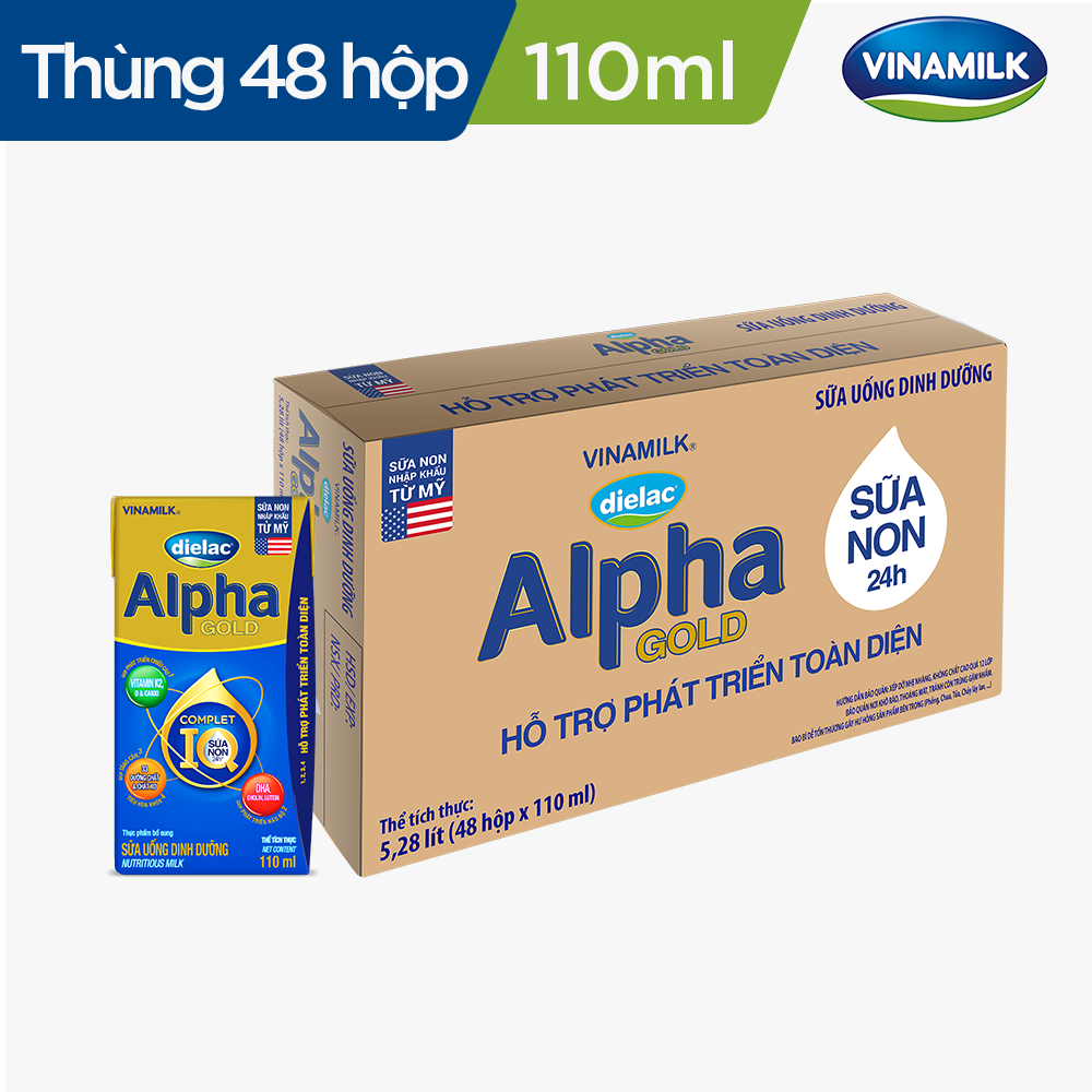 Thùng 48 hộp sữa bột pha sẵn Vinamilk Dielac Alpha Gold 110ml - Sữa nước hỗ trợ phát triển trí não của trẻ, tăng cân, chiều cao