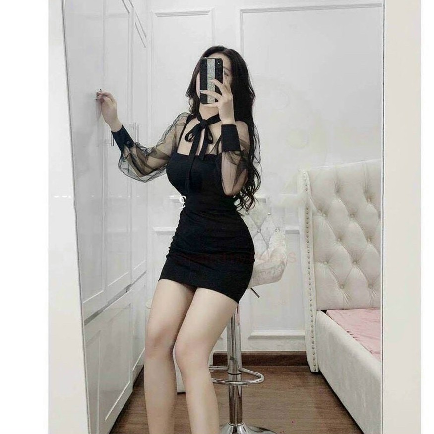 Đầm body cột nơ phối lưới