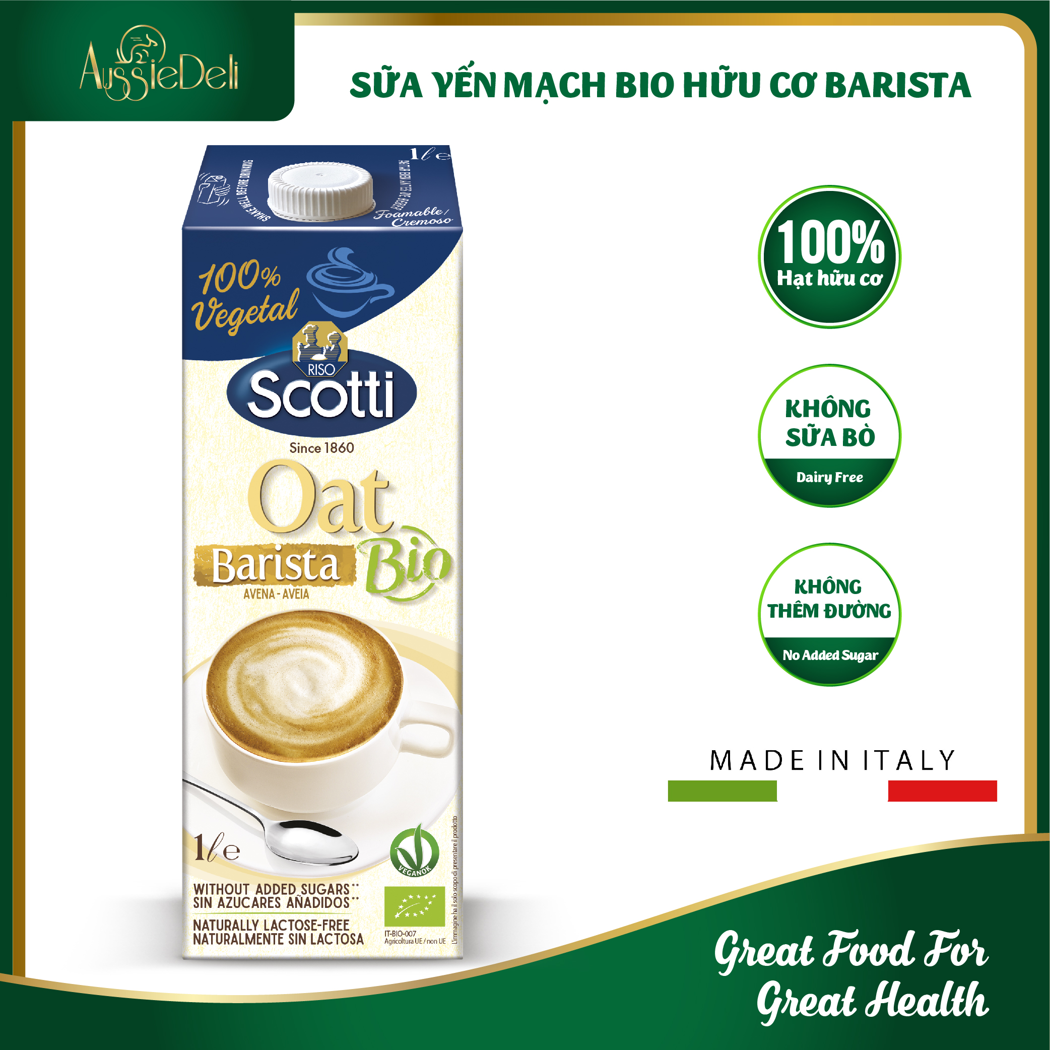Sữa Yến Mạch Barista Hữu Cơ pha cafe Riso Scotti - Bio Oat Barrista  hộp 1L