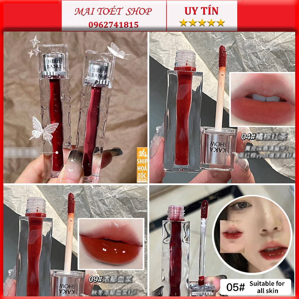 Son kem lì Herorange Kakashow,son bóng trong suốt thủy tinh,tone đỏ nâu đỏ cam siêu đẹp, son chính hãng nội địa trung