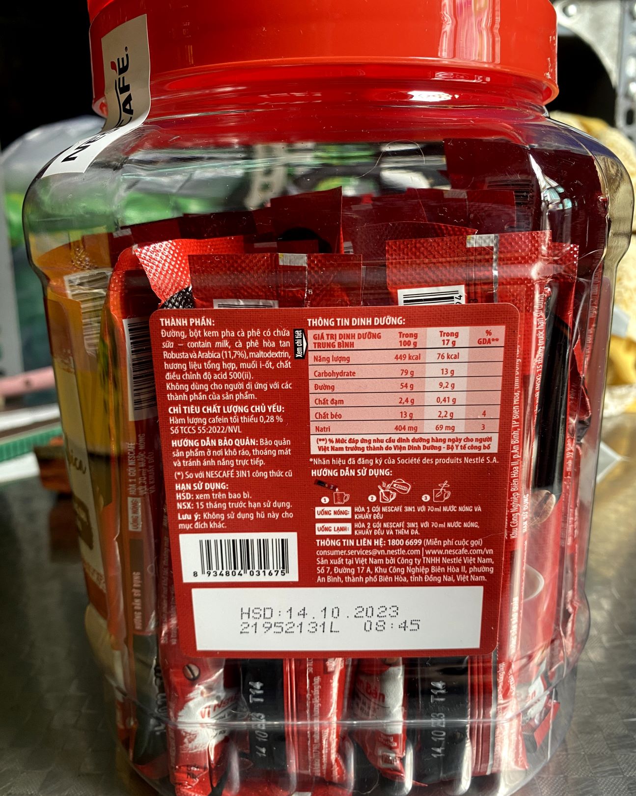 NESCAFE 3IN1 RANG XAY HÒA TAN -  HỦ 850g (50 gói x 17g)