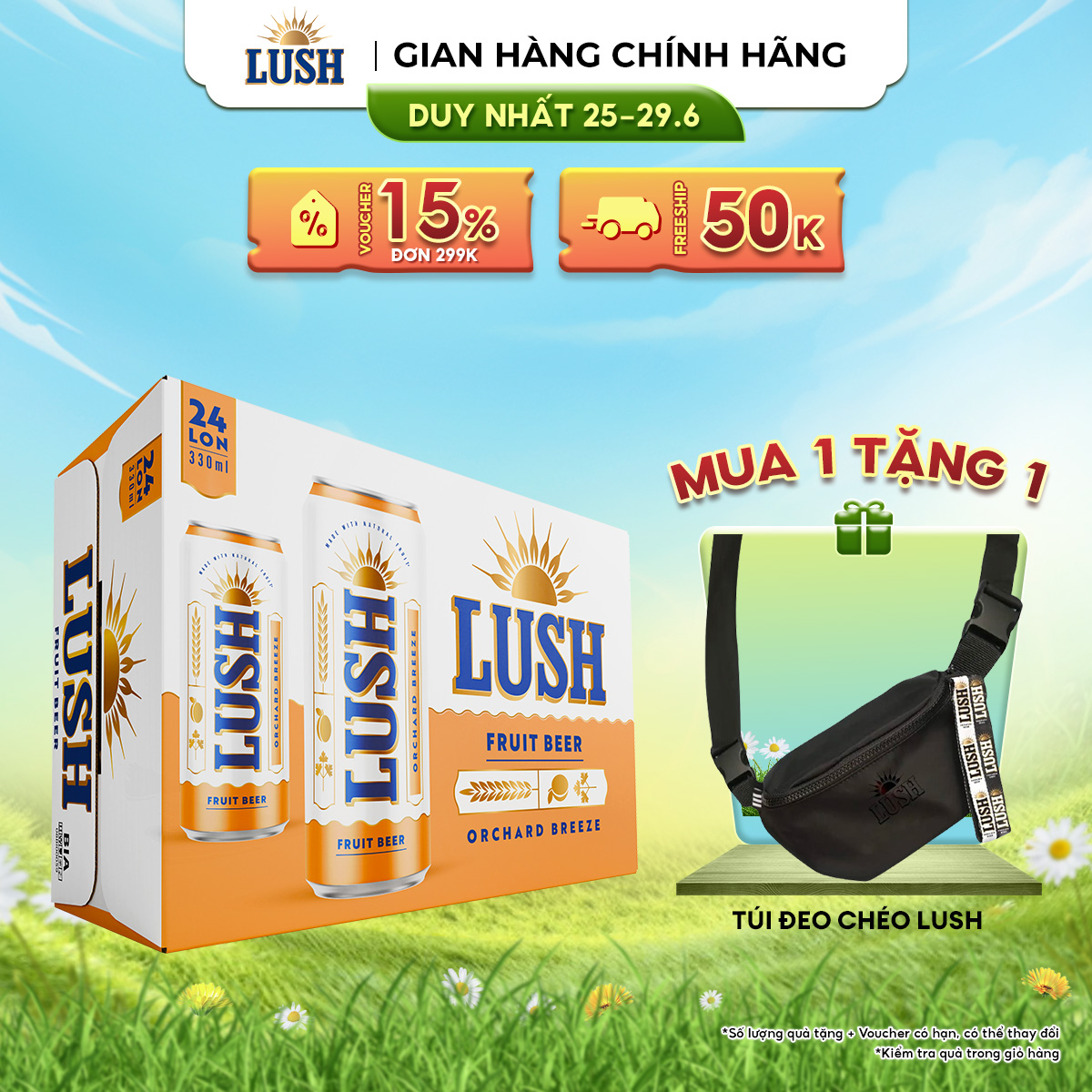 [DUY NHẤT 25-29.06 VOUCHER 18% ĐƠN 249K] Bia Lush Orchard Breeze vị Mơ Đào Thơm Dịu  - Thùng 24 Lon 330ML (Nồng độ cồn 4%)