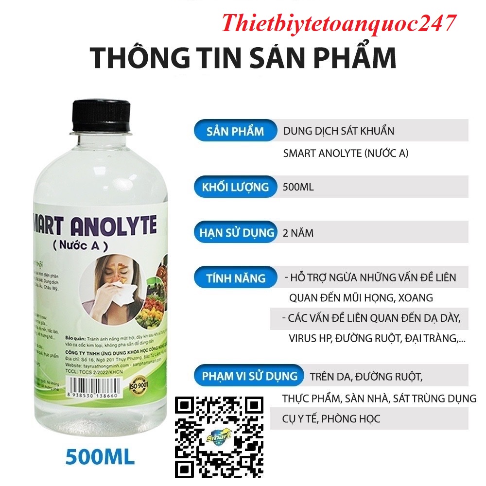 Lôc 10 chai Dung dịch sát khuẩn Smart Anolyte khử khuẩn tay, bề mặt an toàn từ thiên nhiên không kích ứng 500ml