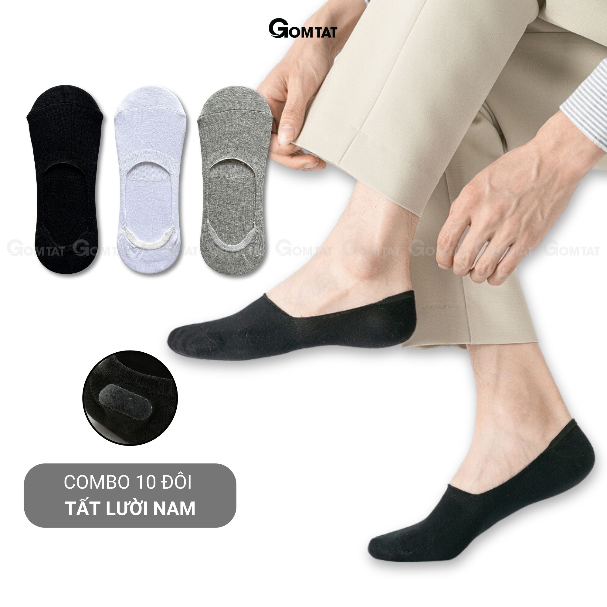  Combo 10 đôi tất lười nam nữ cao cấp GOMTAT có đệm silicon chống tuột gót chất cotton êm chân - TAT-LUOI-02-CB10 