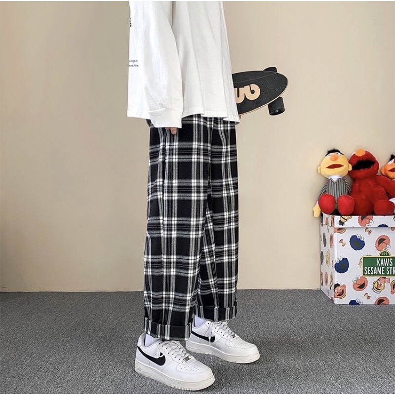 Quần Baggy Nam Nữ Kẻ Caro Ống Suông Unisex - Kiểu quần ống rộng suông vải Plaid kẻ caro Kumikumi
