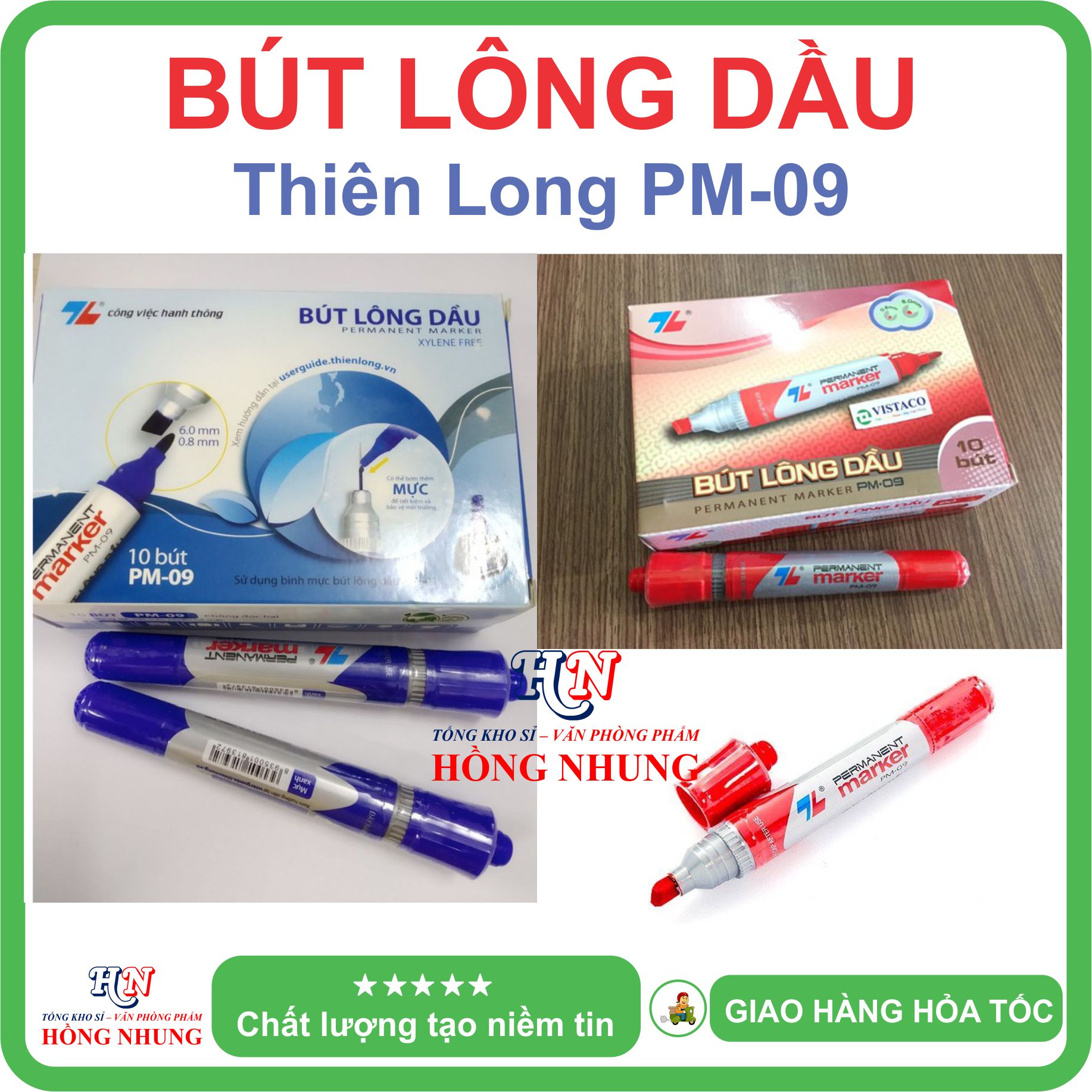 [SÉT] COMBO Hộp 10 Bút Lông Dầu Thiên Long PM-09, Mực tươi sáng, nét viết đều, đậm và êm.