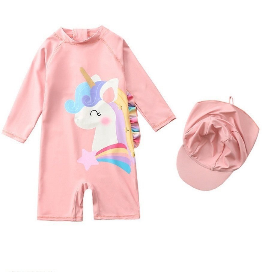 Đồ bơi liền thân in hình chú ngựa hoodie cho bé gái 2-7 tuổi kèm mũ chống nắng