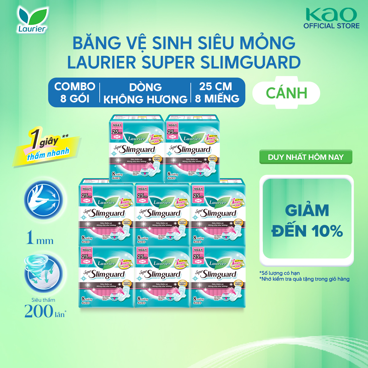 Combo 8 gói băng vệ sinh Laurier siêu mỏng bảo vệ 1mm 25cm 8 miếng
