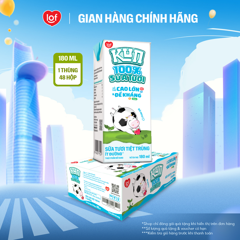 100% sữa tươi KUN ít đường thùng 48 hộp x 180ml