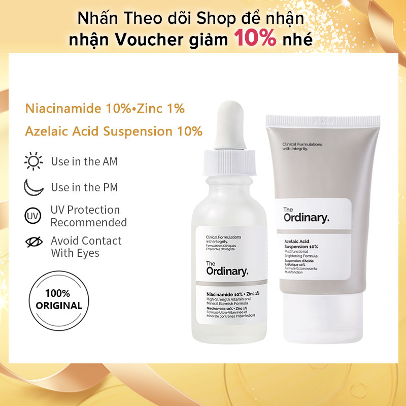 Bộ dưỡng da The Ordinary Niacinamide 10% + Zinc 1% (pH 5.5-6.5) ban ngày cho làn da mụn và Azelaic Acid Suspension 10% dùng ban ngày đẩy nhanh quá trình phục hồi da và bảo vệ làn da khỏi nhiễm khuẩn cho da mụn