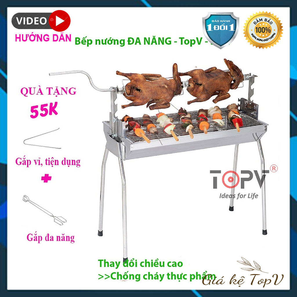 Bếp nướng than hoa đa năng TOPV: Nướng 2 trong 1, lò nướng than Inox bền sạch, lò quay vịt gia đình, bếp nướng than DNL