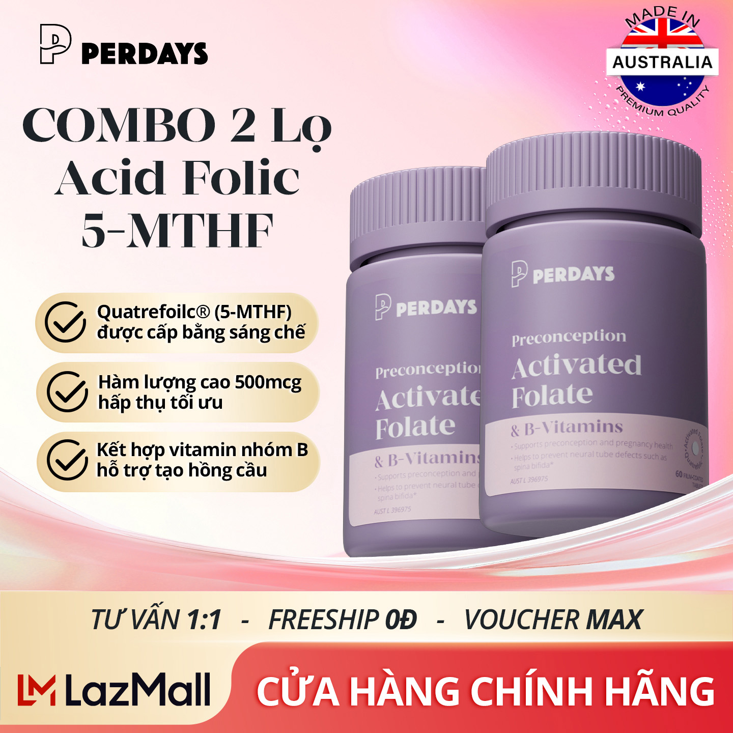 [Combo of 2 Bottles] Folic Acid 5-Mthf & Vitamin B Supplement Pills for Pregnant Mothers - Perdays Activated Folate